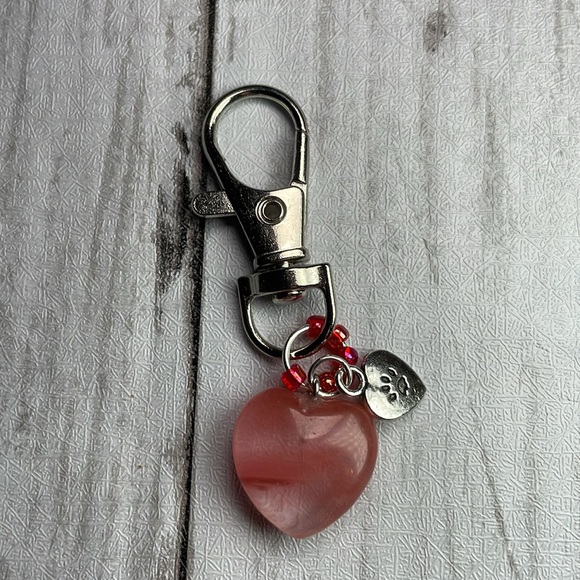 Natural Strawberry Quartz Crystal Charm With Love My Cat Charm Keychain - Picture 15 of 15